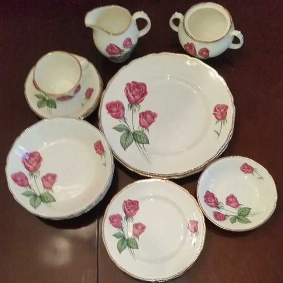 Vintage Anniversary Rose dishes Staffordshire England Royal Swan - Picture 1 of 9